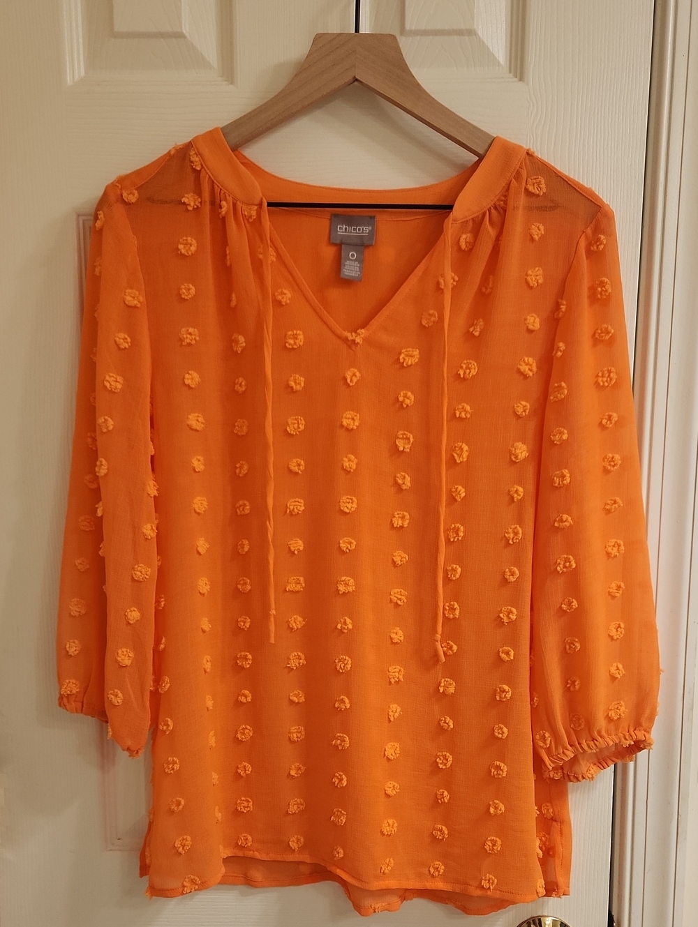 Chico's Coral Sheer Pom-Pom V-Neck Blouse
